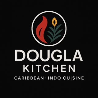 Logo for DOUGLA KITCHEN featuring a circular emblem with a red flame and green leaves, and the text 'DOUGLA KITCHEN' with the subtitle 'CARIBBEAN • INDO CUISINE'