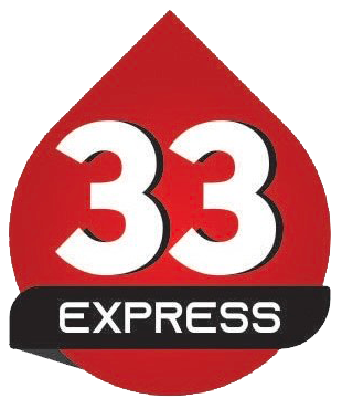 Red droplet-shaped logo with large white '33' and a black ribbon reading 'EXPRESS' across the middle.