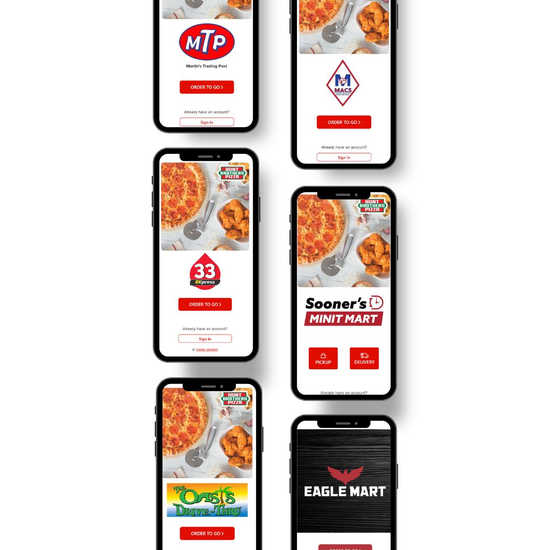 YES - TapTapEat Collage of smartphone screens showing different convenience-store apps with 'Order to Go' and pickup/delivery options in use.