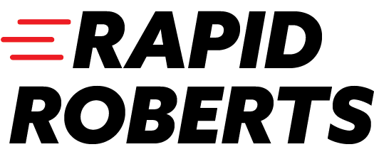 Rapid Roberts logo with a bold black wordmark and a red three-line menu icon on the left.