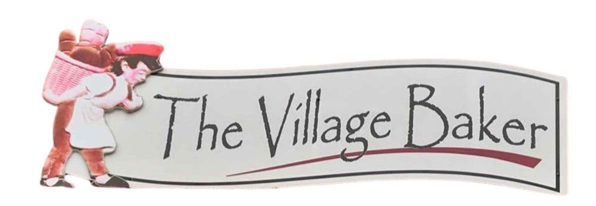 Curved bakery sign reading 'The Village Baker' with a pink-clad cartoon girl leaning on the left edge.