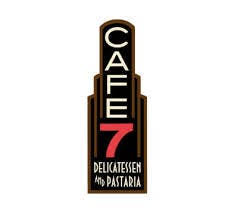 Vertical cafe sign/logo reading 'CAFE 7' with additional deli/pastaria text on a dark panel framed by brown border.